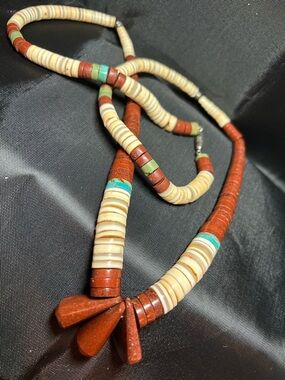 Native American heishi necklace w/ shell, pipestone, turquoise and 925 beads